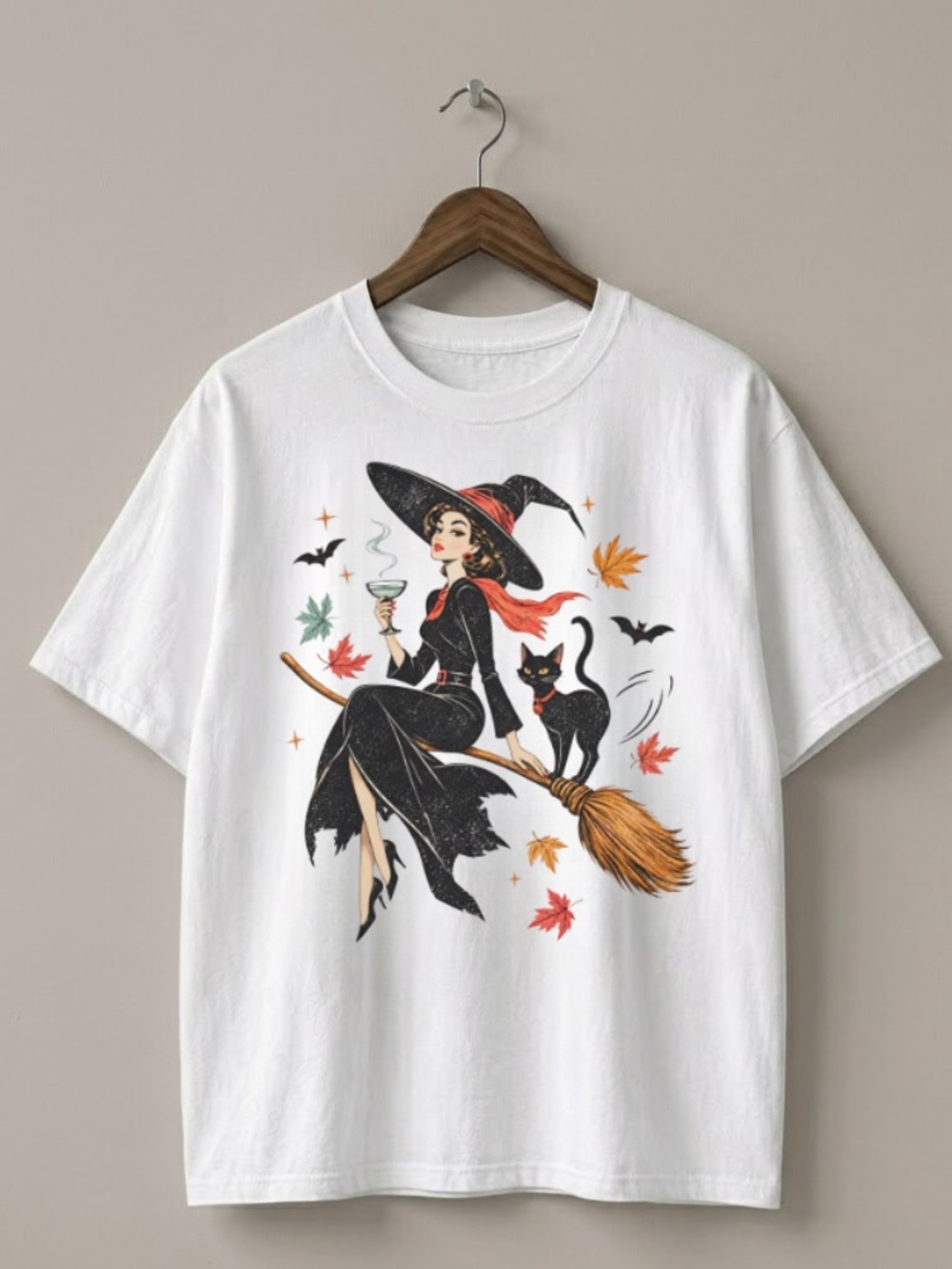 Witch and Cat Classic Spooky Season Cozy Fall Aesthetic Tee | Halloween outfit